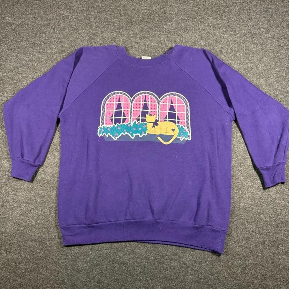 Vintage 90s Gopher Sport Made in USA Purple Cat in Window Graphic Crewneck L